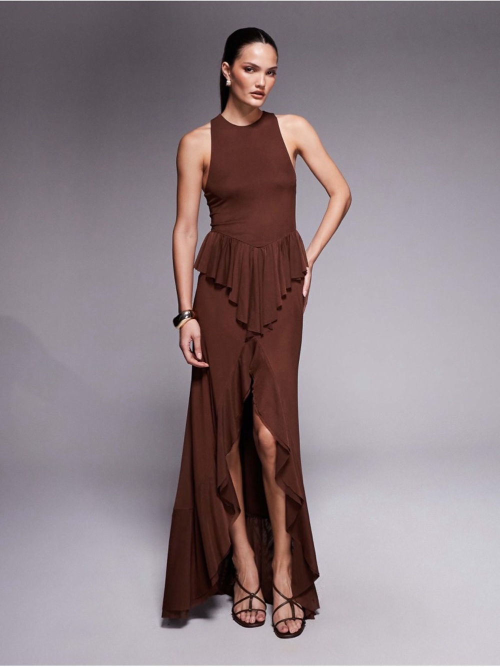 AFRM Brown Ruffle Front-Slit Maxi Dress- Imperfection
